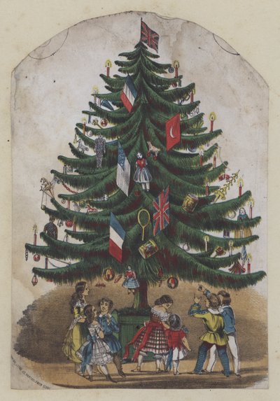 Folk under et juletræ, lykønskningskort (farve litho) af European School