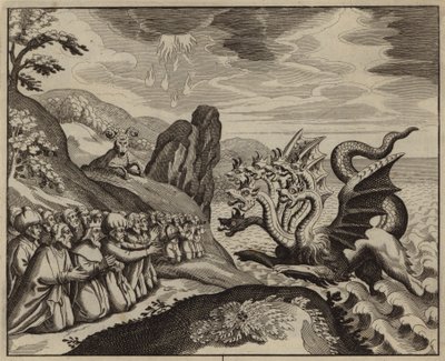 Mennesker, der tilbeder det syvhovedede dyr ude af havet (gravering) af European School