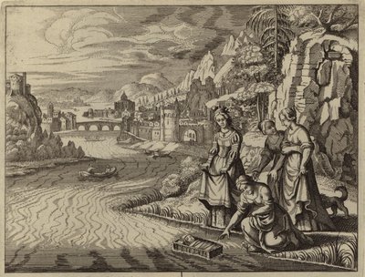 Faraos datter opdager spædbarnet Moses, der flyder på Nilen (gravering) af European School