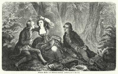 Philinen kroner Wilhelm Meister med en krans: scene fra Johann Wolfgang Goethes roman Wilhelm Meisters Lehrjahre (stik) af European School