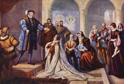 Philippine Welser foran kejser Ferdinand i Innsbruck (farvelitografi) af European School
