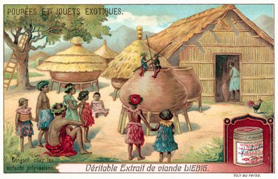 Polynesiske børn ser et dukketeater (chromolitho) af European School