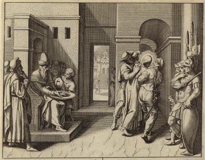Pontius Pilatus vasker sine hænder efter at Jesus Kristus er blevet dømt til døden (gravering) af European School
