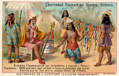 Quipus, kommunikationssystem ved hjælp af knyttede strenge, Peru (chromolitho) af European School