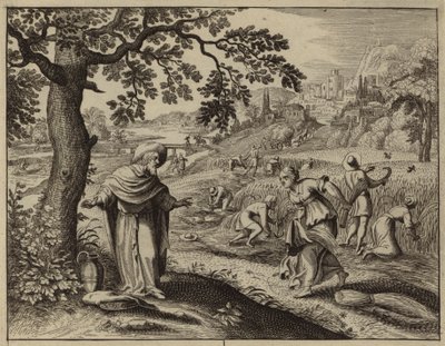Ruth møder Boaz, mens han sanker på hans mark (gravering) af European School
