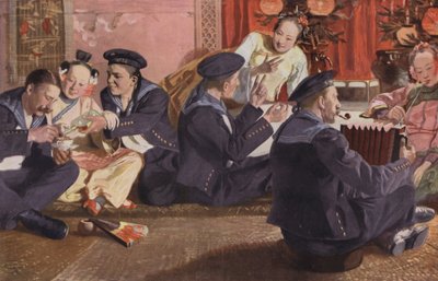 Sømænd i et kinesisk tehus (farvelitografi) af European School