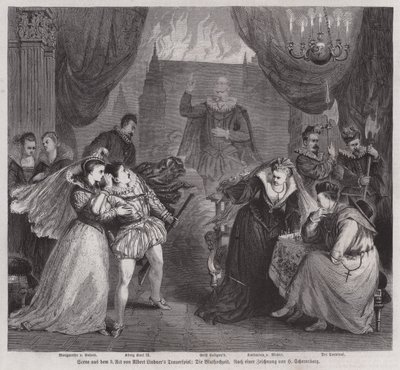 Scene fra tredje akt af den tyske dramatiker Albert Lindners tragedie Die Bluthochzeit (Blodbrylluppet) (gravering) af European School