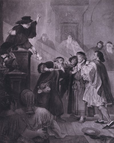 Scene fra Shakespeares The Merchant of Venice (Act IV, Scene 1) (litho) af European School
