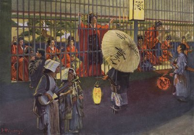 Scene i Yoshiwara-distriktet i Tokyo, Japan (farvelitografi) af European School