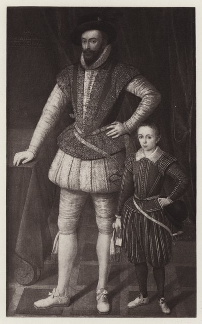 Sir Walter Raleigh og hans søn (litho) af European School
