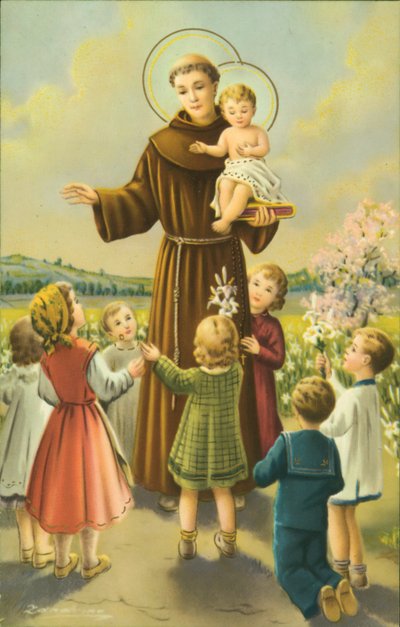 Frans af Assisi med Jesusbarnet og børnene (farvelitografi) af European School