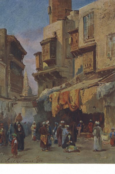 Gadescene fra Cairo, Egypten (farvelitografi) af European School