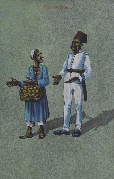 Gadesælger i skænderi med en mand i uniform (farvelitografi) af European School