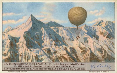 Den schweiziske ballonskipper Eduard Spelterini flyver over Alperne (chromolitho) af European School