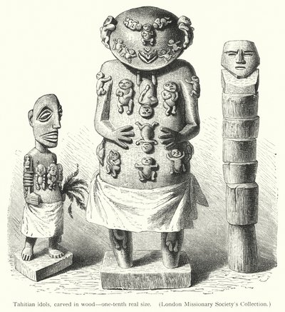 Tahitiske idoler, udskåret i træ (gravering) af European School