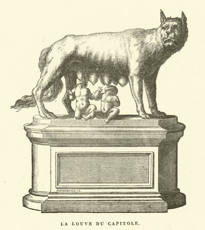 Capitoline Wolf, bronzeskulptur, der forestiller ulven, der dier Romulus og Remus, Roms tvillingegrundlæggere (gravering) af European School