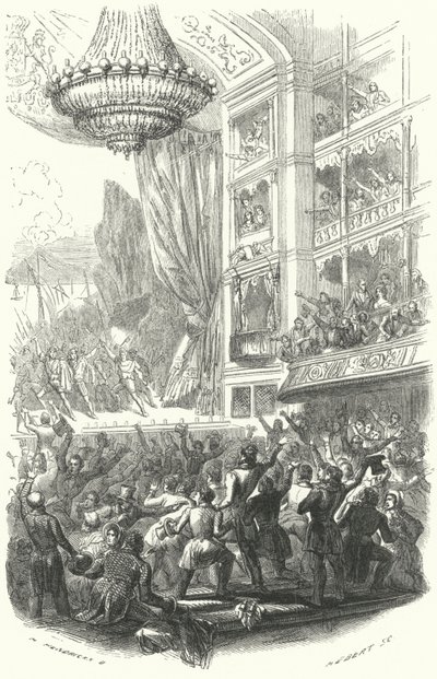 Begyndelsen på den belgiske revolution: opførelse af Daniel Aubers opera La Muette de Porcini på Theatre de la Monnaie i Bruxelles, 25. august 1830 (gravering) af European School