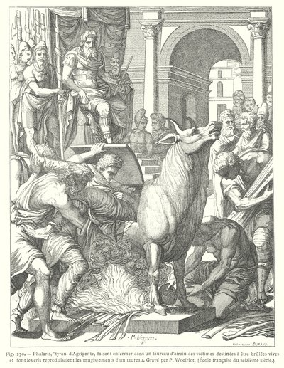 Den skamløse tyr: instrument til tortur og henrettelse ved ild brugt af den antikke græske tyran Phalaris fra Akragas (Agrigento), Sicilien (gravering) af European School