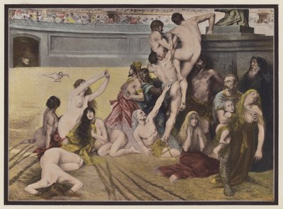 Cirkus, mennesker kastet for løverne i en romersk arena (farve litho) af European School