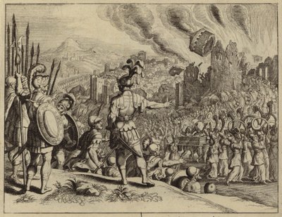 Josvas trompeter, der bringer Jerikos mure ned (gravering) af European School