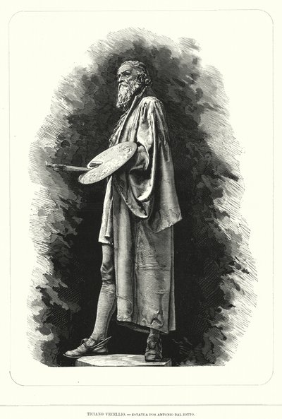 Titian, italiensk renæssancekunstner, statue af Antonio Dal Zotto (litho) af European School