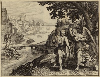 Tobias fjerner indvoldene af en fisk som befalet af englen (gravering) af European School