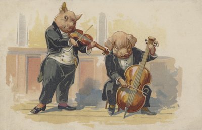 To grise spiller på musikinstrumenter (farvelitografi) af European School