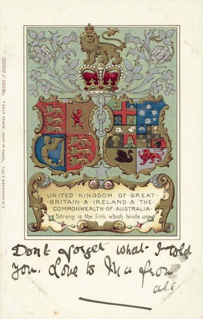 Det Forenede Kongerige Storbritannien og Irland og Commonwealth of Australia (farvelitografi) af European School
