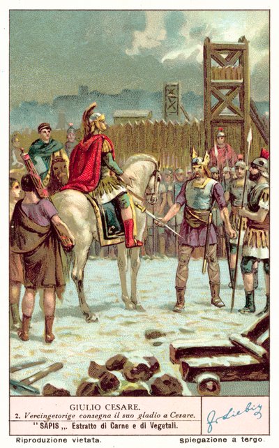 Vercingetorix overgiver sit sværd til Julius Cæsar efter belejringen af Alesia, 52 f.Kr. (chromolitho) af European School