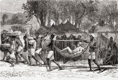 Verney Lovett Cameron ankommer til landsbyen Oulonnda, Afrika, 1878 (trægravering) af European School