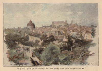 Udsigt over Nürnberg og dets slot, Tyskland (farvet gravering) af European School