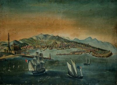 Udsigt over en havn med et fyrtårn på et forbjerg, ca. 1800 af European School