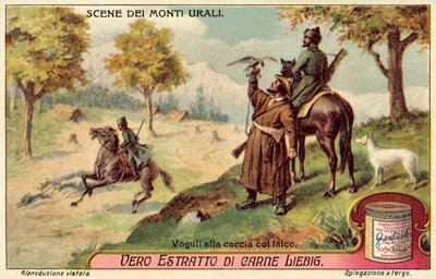 Voguls på jagt med falke (chromolitho) af European School