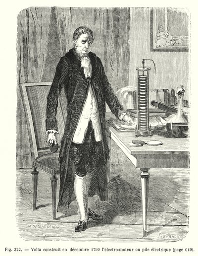 Volta bygger i december 1799 elektromotoren eller den elektriske pæl (gravering) af European School