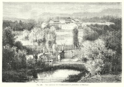 Udvendig udsigt over Huningue dambrug (gravering) af European School