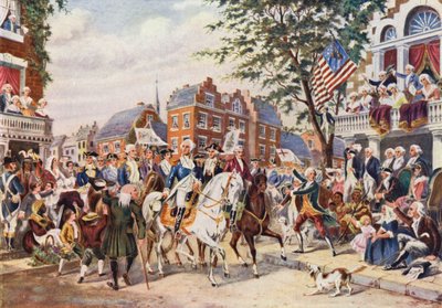 Washingtons indtog i New York (farvelitografi) af European School