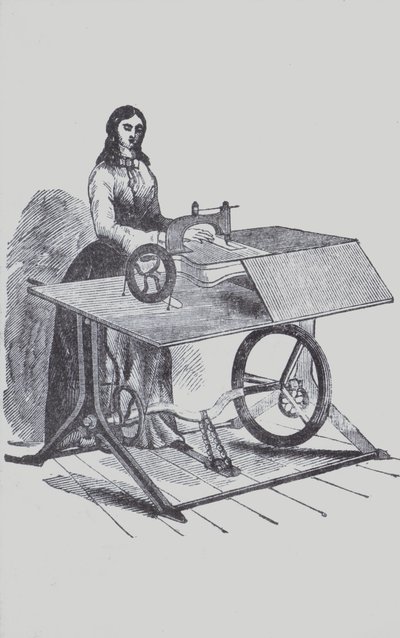 Kvinde, der bruger en symaskine (litho) af European School