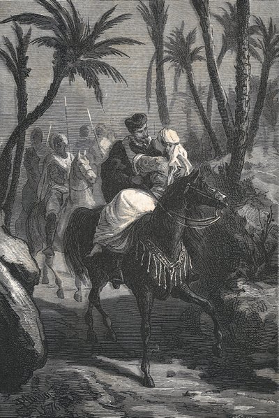 Cervantes rider på en hest med en kvinde i en oase af Eusebio Planas
