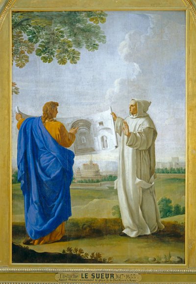 Sankt Bruno undersøger en tegning af de termiske bade i Diocletien, det fremtidige sted for charterhuset i Rom ... af Eustache (studio of) Le Sueur