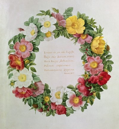 Claude-Antoine Thory Les roses, Frontispice: Guirland with an Epigraph of Ode V af den græske digter Anacreon, 1817 (litografi) af Eustache Hyacinthe Langlois