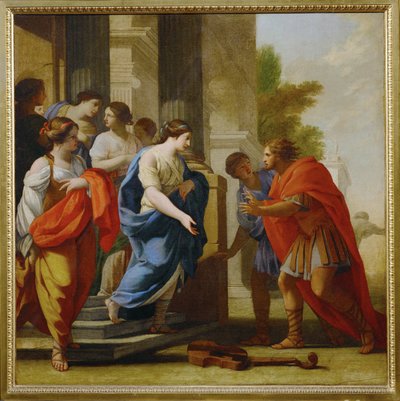Under sin søgen efter Polia bliver Poliphilo modtaget af Philtronia ved de tre døre (maleri på lærred) af Eustache Le Sueur