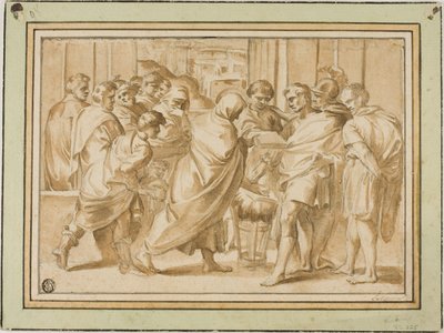 Scene fra romersk historie, med draperet figur, der præsenterer bog for lineal af Eustache Le Sueur