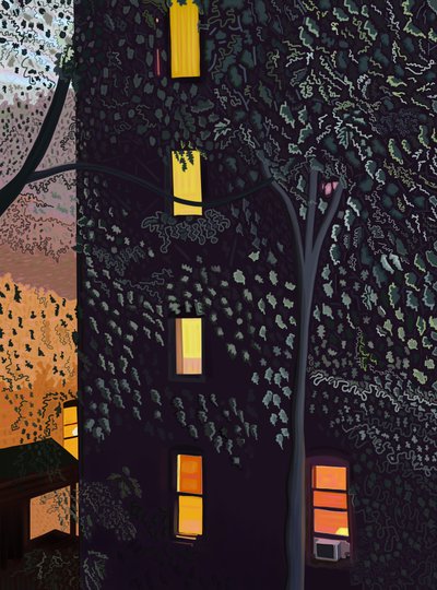 Bagsiden af bygninger om natten i Brooklyn (digital kunst) af Evan Sklar