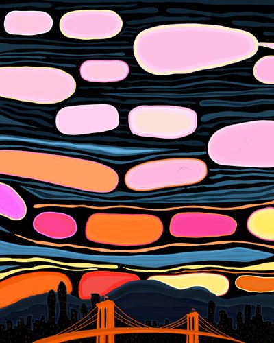 Brooklyn Bridge og skyer (digital kunst) af Evan Sklar