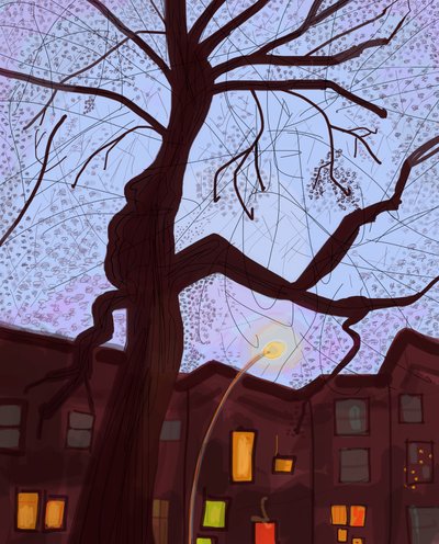 Brooklyn Brownstone Street At Dusk, 2016 (håndtegnet på en iPad med en Apple-blyant) af Evan Sklar