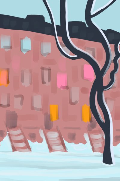 Brownstones i sne (digital kunst) af Evan Sklar