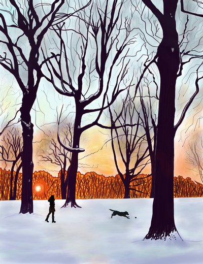 Hund i sne, Brooklyn (digital kunst) af Evan Sklar
