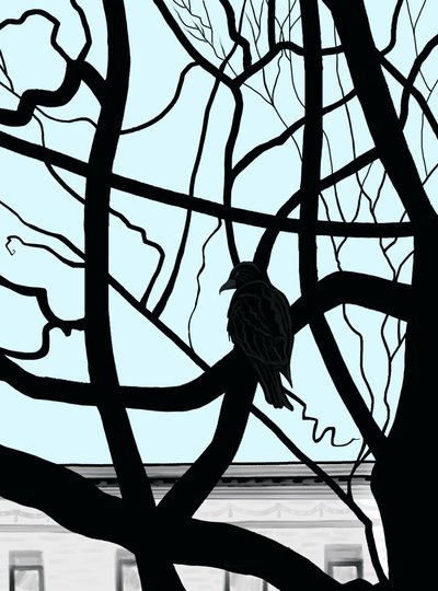 Høg på gren i by (digital kunst) af Evan Sklar