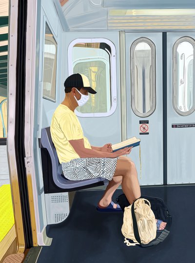 Mand i afklædte shorts læser bog i metroen, ca. 2020-24 (digital kunst) af Evan Sklar