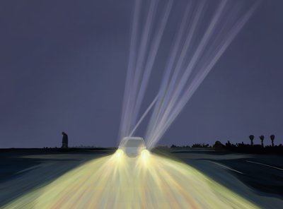 Mand går på parkeringspladsen ved Lighthouse Beach om natten, Chatham, Massachusetts (digital kunst) af Evan Sklar